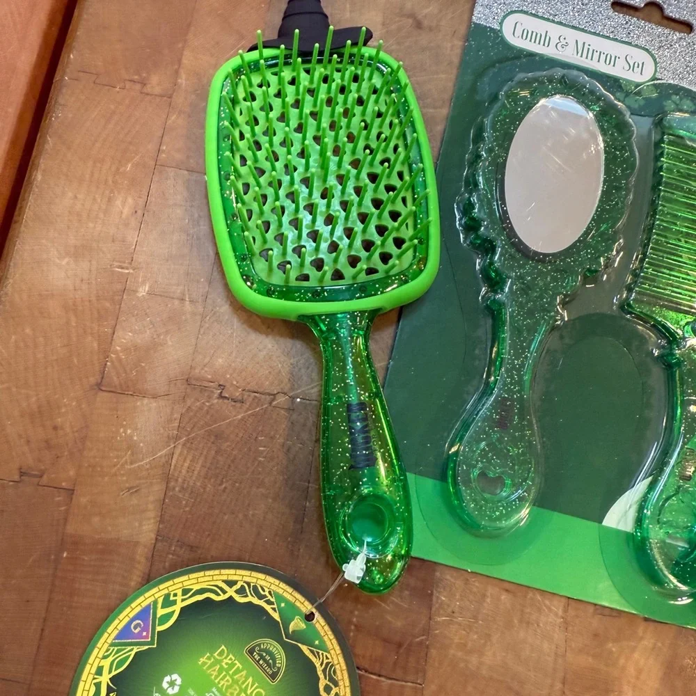 Wicked Green Hair Brush & Mirror Comb Combo with Watermelon Hand Lotion NEW